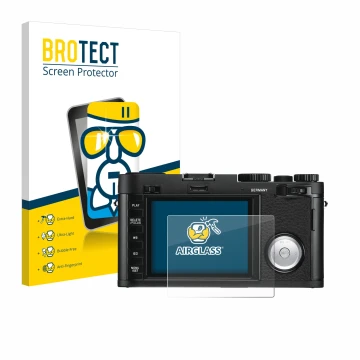 Face avant d’un emballage produit avec le logo de la marque BROTECT. À côté, l’appareil Leica X Vario est représenté avec la p