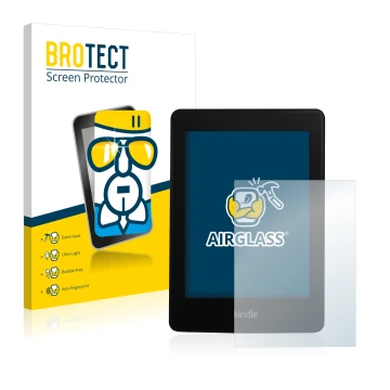 Face avant d’un emballage produit avec le logo de la marque BROTECT. À côté, l’appareil Amazon Kindle Paperwhite 2013 est repr