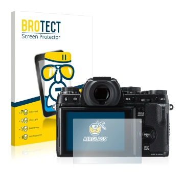 Face avant d’un emballage produit avec le logo de la marque BROTECT. À côté, l’appareil Fujifilm X-T1 est représenté avec la p