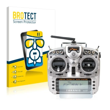 Face avant d’un emballage produit avec le logo de la marque BROTECT. À côté, l’appareil FrSky Taranis X9D est représenté avec 