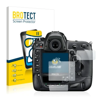 Face avant d’un emballage produit avec le logo de la marque BROTECT. À côté, l’appareil Nikon D4S est représenté avec la prote