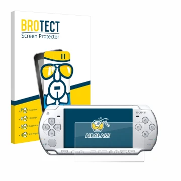Face avant d’un emballage produit avec le logo de la marque BROTECT. À côté, l’appareil Sony PSP 2004 est représenté avec la p