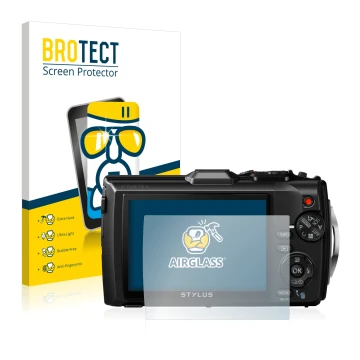 Face avant d’un emballage produit avec le logo de la marque BROTECT. À côté, l’appareil Olympus Stylus Tough TG-3 est représen