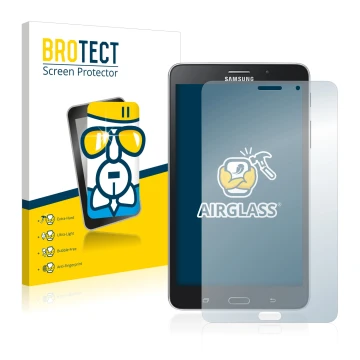 Face avant d’un emballage produit avec le logo de la marque BROTECT. À côté, l’appareil Samsung Galaxy Tab Tab 4 7.0 LTE est r