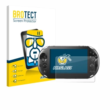 Face avant d’un emballage produit avec le logo de la marque BROTECT. À côté, l’appareil Sony Playstation PS Vita Slim est repr