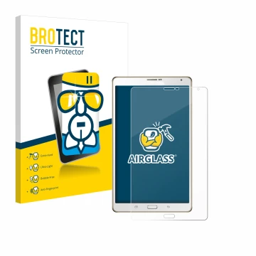 Face avant d’un emballage produit avec le logo de la marque BROTECT. À côté, l’appareil Samsung Galaxy Tab S 8.4 SM-T705 est r