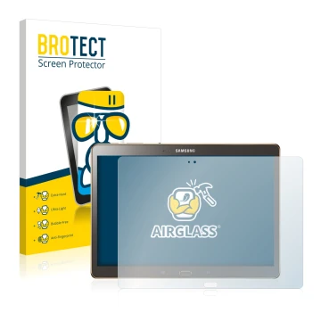 Face avant d’un emballage produit avec le logo de la marque BROTECT. À côté, l’appareil Samsung Galaxy Tab S 10.5 SM-T800 est 