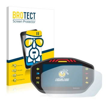 Face avant d’un emballage produit avec le logo de la marque BROTECT. À côté, l’appareil Ducati Monster 1200S Colour-TFT-Displa