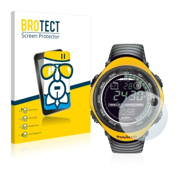 Face avant d’un emballage produit avec le logo de la marque BROTECT. À côté, l’appareil Suunto Vector Yellow est représenté av