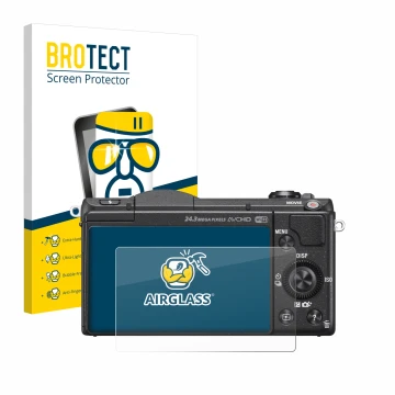 Face avant d’un emballage produit avec le logo de la marque BROTECT. À côté, l’appareil Sony Alpha 5100 (DSLR-A5100) est repré