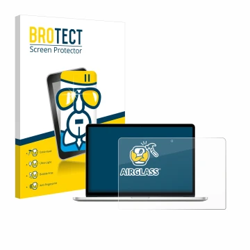 Face avant d’un emballage produit avec le logo de la marque BROTECT. À côté, l’appareil Apple MacBook Pro Retina 13