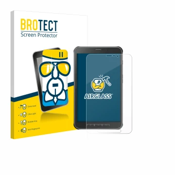 Face avant d’un emballage produit avec le logo de la marque BROTECT. À côté, l’appareil Samsung Galaxy Tab Active SM-T365 est 