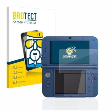 Face avant d’un emballage produit avec le logo de la marque BROTECT. À côté, l’appareil Nintendo New 3DS XL est représenté ave