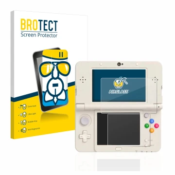 Face avant d’un emballage produit avec le logo de la marque BROTECT. À côté, l’appareil Nintendo New 3DS est représenté avec l