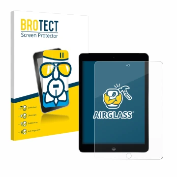 Face avant d’un emballage produit avec le logo de la marque BROTECT. À côté, l’appareil Apple iPad Air 2 2014 est représenté a