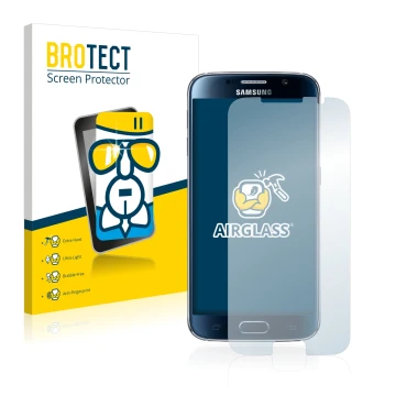 Face avant d’un emballage produit avec le logo de la marque BROTECT. À côté, l’appareil Samsung Galaxy S6 est représenté avec 