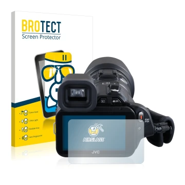 Face avant d’un emballage produit avec le logo de la marque BROTECT. À côté, l’appareil JVC GC-PX100BEU est représenté avec la