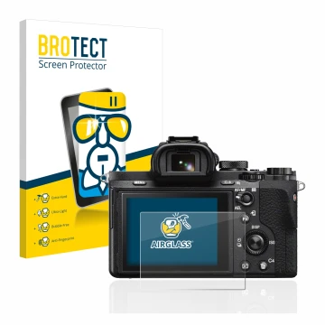 Face avant d’un emballage produit avec le logo de la marque BROTECT. À côté, l’appareil Sony Alpha 7 II (ILCE-7M2) est représe