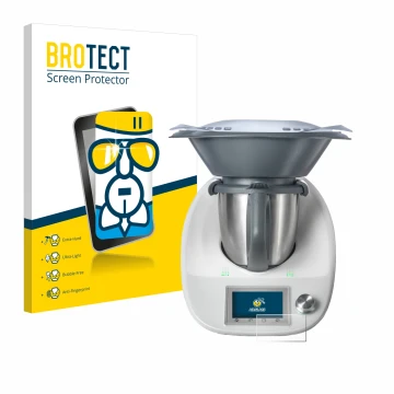 Face avant d’un emballage produit avec le logo de la marque BROTECT. À côté, l’appareil Vorwerk Thermomix TM5 est représenté a