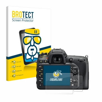 Face avant d’un emballage produit avec le logo de la marque BROTECT. À côté, l’appareil Nikon D7200 est représenté avec la pro