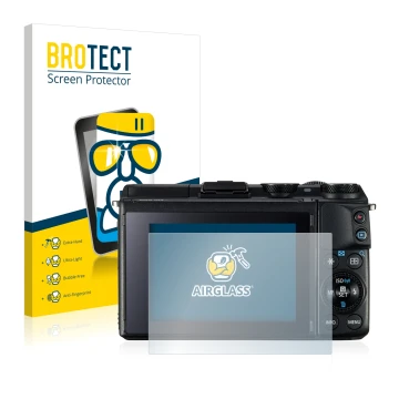 Face avant d’un emballage produit avec le logo de la marque BROTECT. À côté, l’appareil Canon EOS M3 est représenté avec la pr