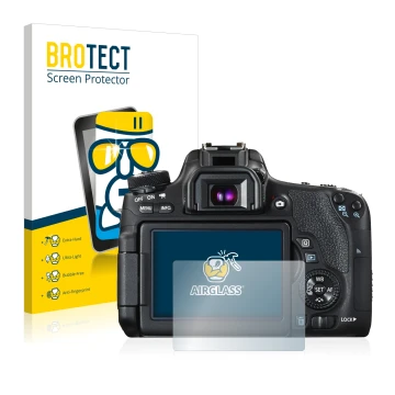 Face avant d’un emballage produit avec le logo de la marque BROTECT. À côté, l’appareil Canon EOS 760D est représenté avec la 