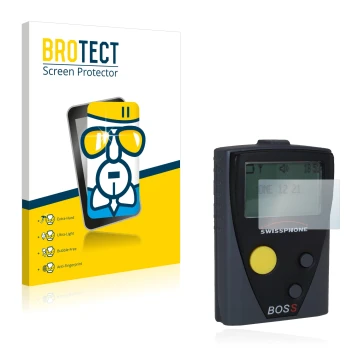 Face avant d’un emballage produit avec le logo de la marque BROTECT. À côté, l’appareil Swissphone Boss 925 V est représenté a