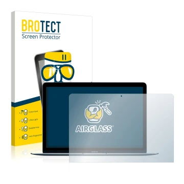 Face avant d’un emballage produit avec le logo de la marque BROTECT. À côté, l’appareil Apple MacBook 12