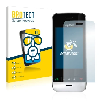 Face avant d’un emballage produit avec le logo de la marque BROTECT. À côté, l’appareil Gigaset SL910 (découpe allongée) est r