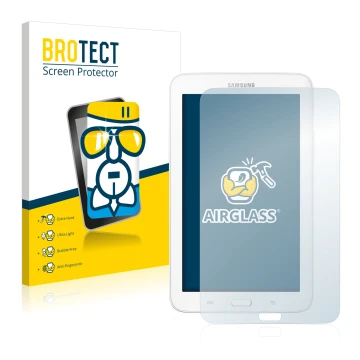 Face avant d’un emballage produit avec le logo de la marque BROTECT. À côté, l’appareil Samsung Galaxy Tab 3 SM-T113 est repré