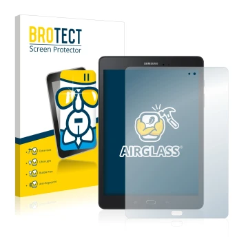 Face avant d’un emballage produit avec le logo de la marque BROTECT. À côté, l’appareil Samsung Galaxy Tab A 9.7 est représent