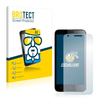 Face avant d’un emballage produit avec le logo de la marque BROTECT. À côté, l’appareil Alcatel Pixi 3 (5.0) 4G est représenté