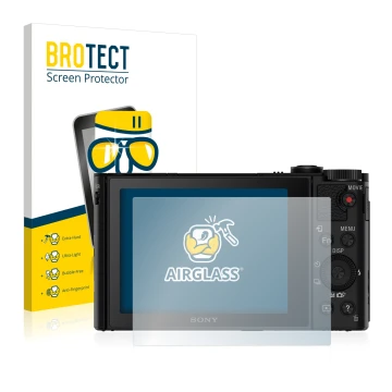 Face avant d’un emballage produit avec le logo de la marque BROTECT. À côté, l’appareil Sony Cyber-Shot DSC-HX90V est représen