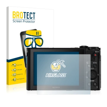 Face avant d’un emballage produit avec le logo de la marque BROTECT. À côté, l’appareil Sony Cyber-Shot DSC-WX500 est représen