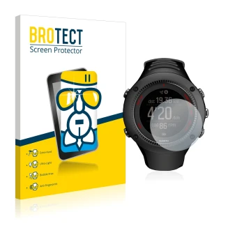 Face avant d’un emballage produit avec le logo de la marque BROTECT. À côté, l’appareil Suunto Ambit3 Run Black est représenté