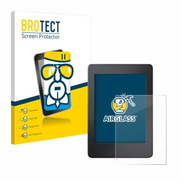 Face avant d’un emballage produit avec le logo de la marque BROTECT. À côté, l’appareil Amazon Kindle Paperwhite 2015 (7ème Ge