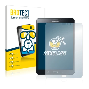 Face avant d’un emballage produit avec le logo de la marque BROTECT. À côté, l’appareil Samsung Galaxy Tab Tab S2 8.0 LTE est 