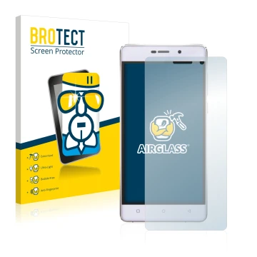 Face avant d’un emballage produit avec le logo de la marque BROTECT. À côté, l’appareil Gionee Marathon M4 est représenté avec