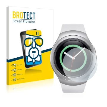 Face avant d’un emballage produit avec le logo de la marque BROTECT. À côté, l’appareil Samsung Gear S2 est représenté avec la