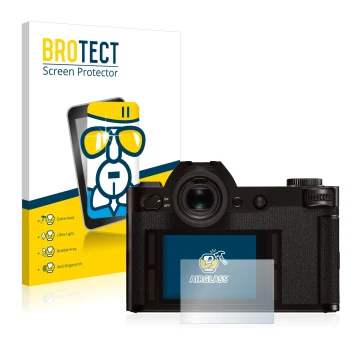 Face avant d’un emballage produit avec le logo de la marque BROTECT. À côté, l’appareil Leica SL (Typ 601) est représenté avec