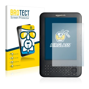 Face avant d’un emballage produit avec le logo de la marque BROTECT. À côté, l’appareil Amazon Kindle 3 est représenté avec la