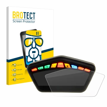 Face avant d’un emballage produit avec le logo de la marque BROTECT. À côté, l’appareil Ducati Hypermotard 821 2015 Affichage 