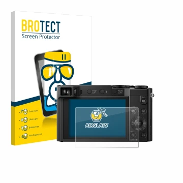 Face avant d’un emballage produit avec le logo de la marque BROTECT. À côté, l’appareil Panasonic Lumix DMC-TZ101 est représen