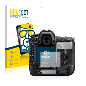 Face avant d’un emballage produit avec le logo de la marque BROTECT. À côté, l’appareil Nikon D5 est représenté avec la protec