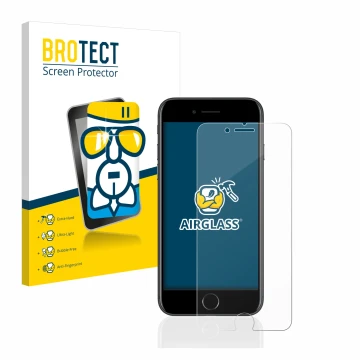 Face avant d’un emballage produit avec le logo de la marque BROTECT. À côté, l’appareil Apple iPhone 7 est représenté avec la 