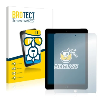 Face avant d’un emballage produit avec le logo de la marque BROTECT. À côté, l’appareil Apple iPad Pro 9.7