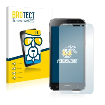 Face avant d’un emballage produit avec le logo de la marque BROTECT. À côté, l’appareil Samsung Galaxy J3 Duos 2016 est représ