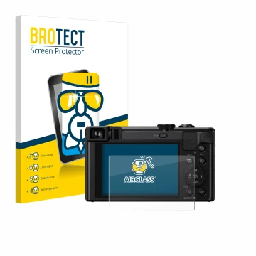 Face avant d’un emballage produit avec le logo de la marque BROTECT. À côté, l’appareil Panasonic Lumix DMC-TZ80 est représent