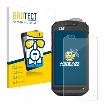Face avant d’un emballage produit avec le logo de la marque BROTECT. À côté, l’appareil Caterpillar Cat S60 est représenté ave