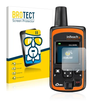 Face avant d’un emballage produit avec le logo de la marque BROTECT. À côté, l’appareil DeLorme inReach Explorer est représent